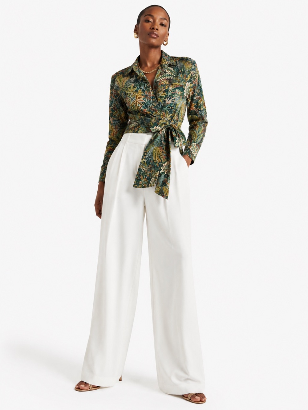 Onia Liberty Print Fabric Cotton Wrap top Green Navy Botanical Blouse M tunic - Picture 2 of 12